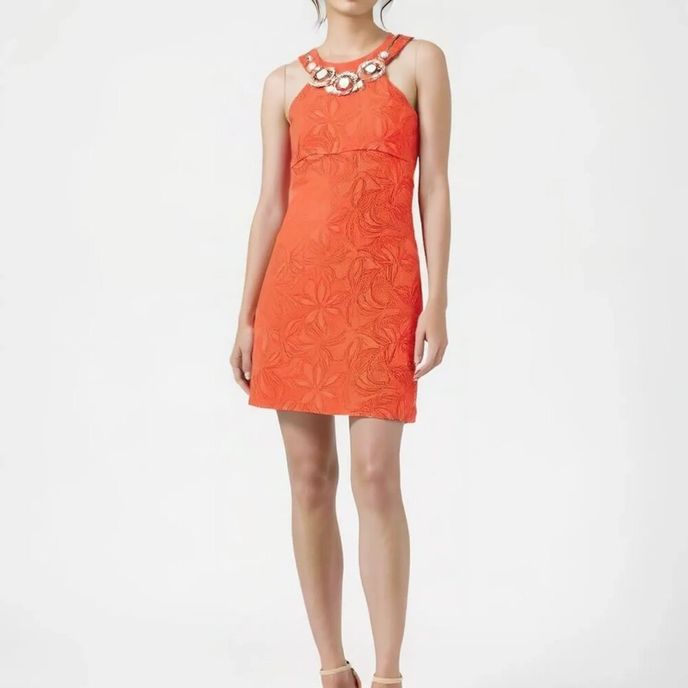 Laundry Orange Beaded Collar Floral Jacquard Cotton Shift Mini Dress XS 0